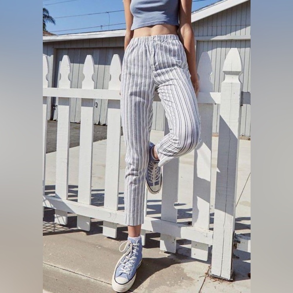 Brandy Melville sz S Linen Cotton Navy Blue White Striped Chino Ankle Pants